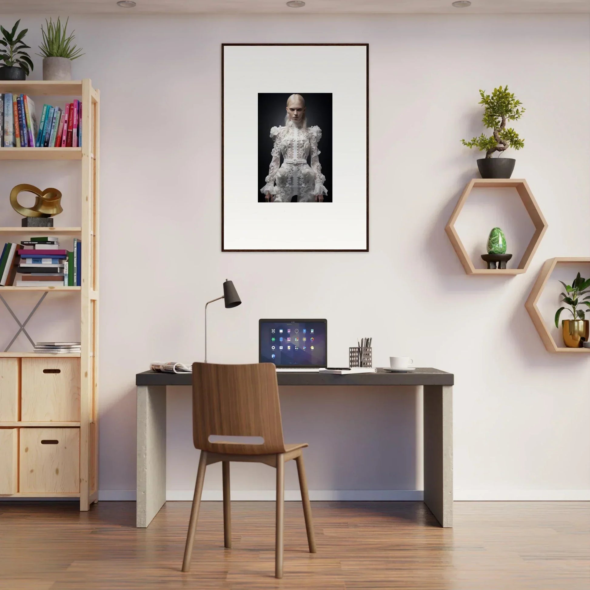 Modern home office workspace with a desk, chair, and decorative wall elements.