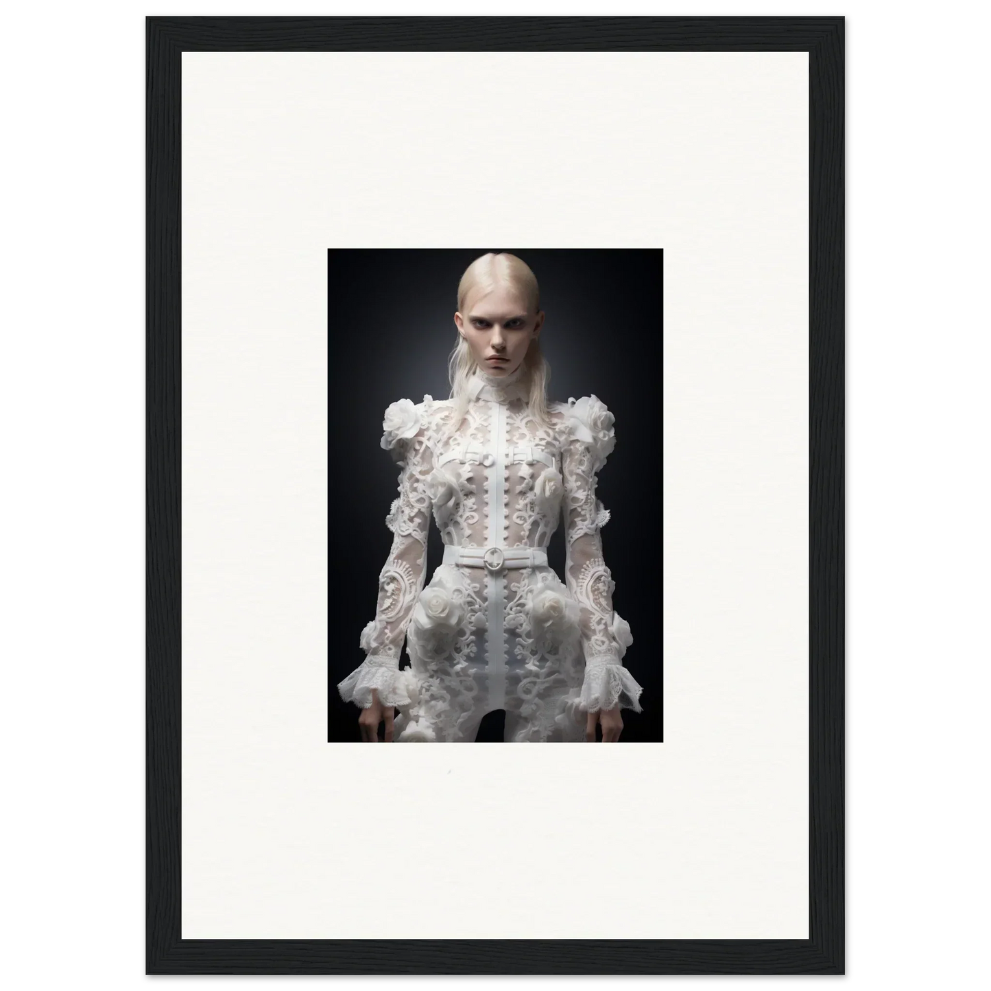 Framed photograph of a person wearing an elaborate white Victorian-style dress with ruffles and lace details.