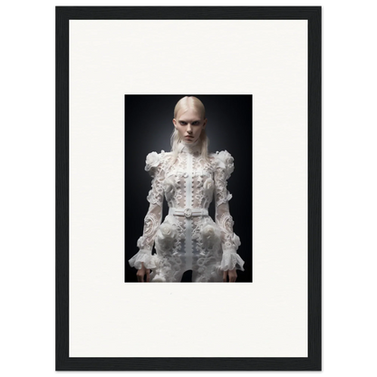 Framed photograph of a person wearing an elaborate white Victorian-style dress with ruffles and lace details.