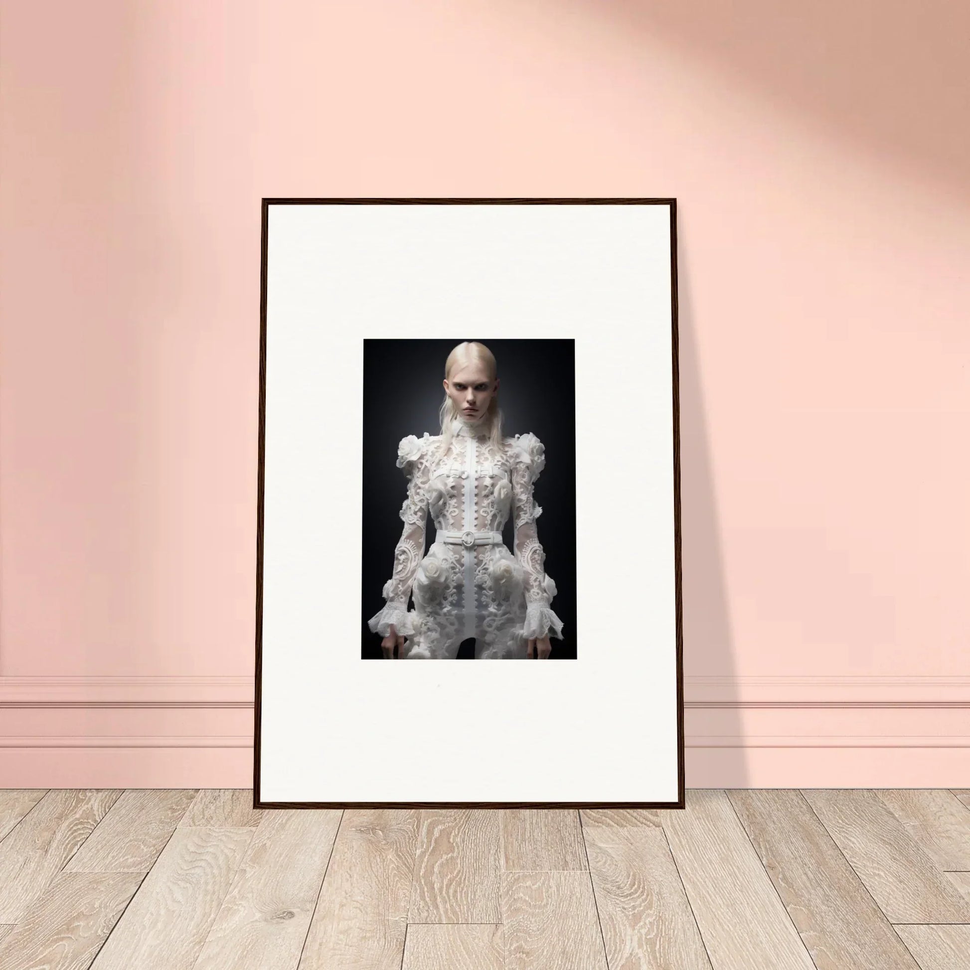 Framed black-and-white photograph of a person wearing an elaborate white lace dress.