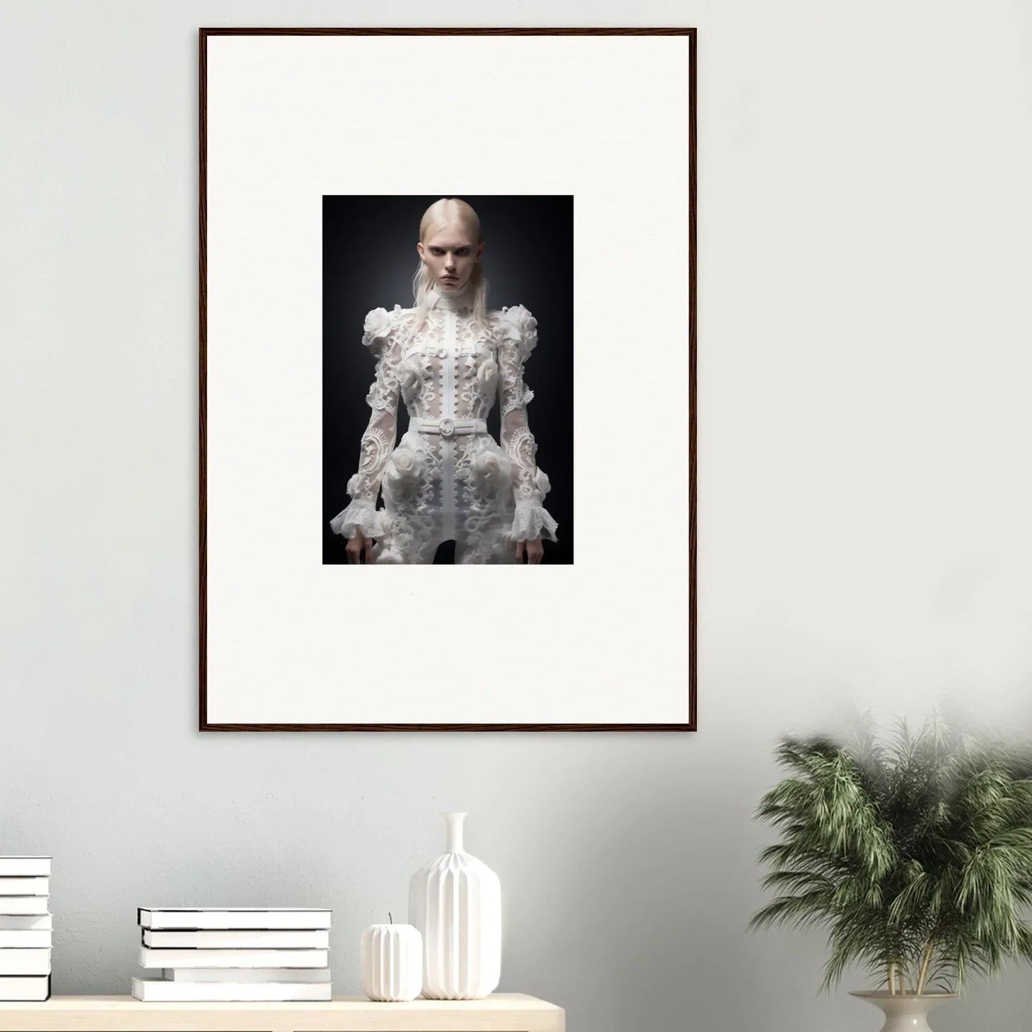 Framed portrait photograph of a person wearing an elaborate white lace dress with a high collar.