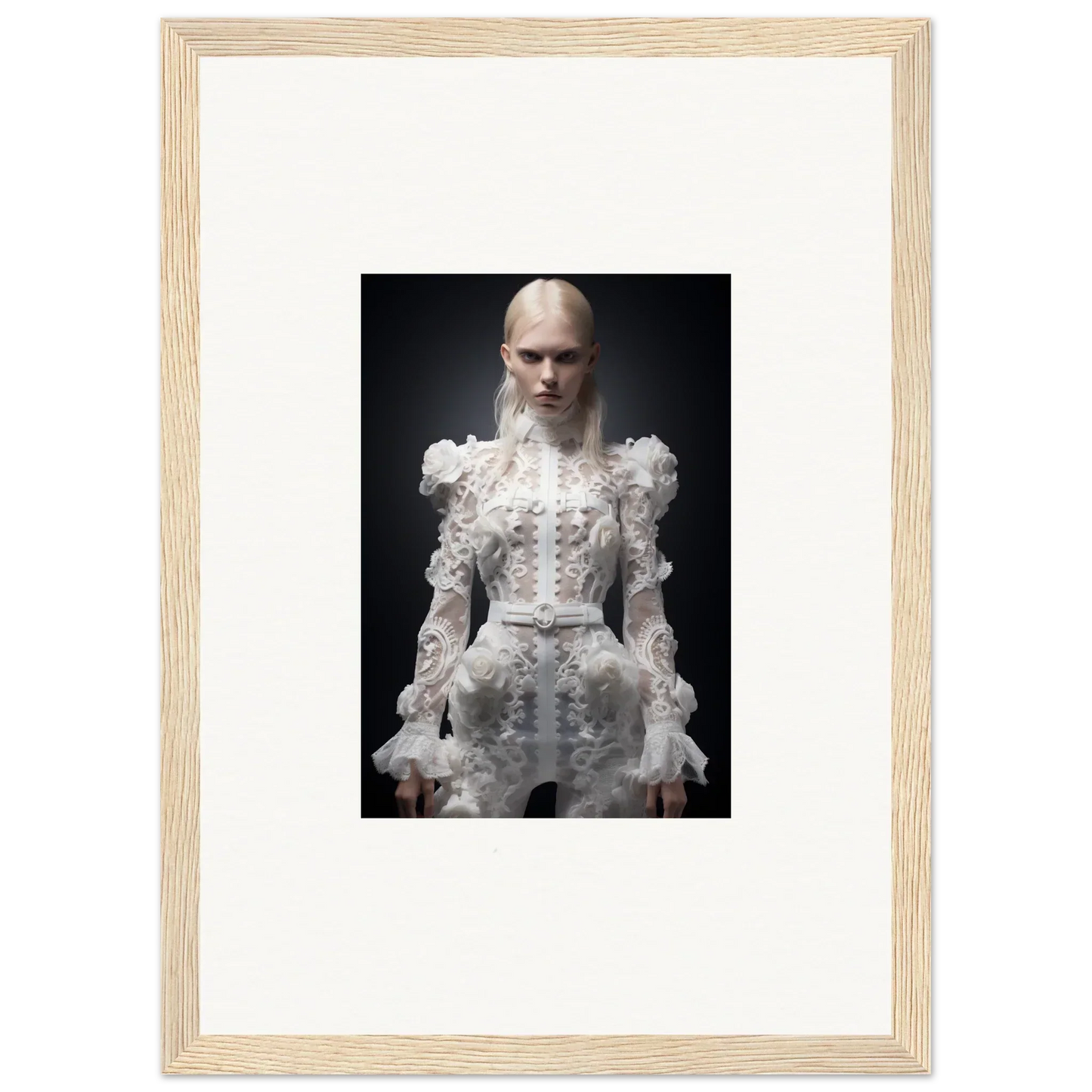 Framed photograph of a person wearing an elaborate white Victorian-style dress with ruffles and a high collar.