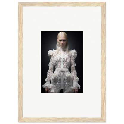 Framed photograph of a person wearing an elaborate white Victorian-style dress with ruffles and a high collar.