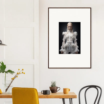 Framed portrait photograph of a person wearing an elaborate white ruffled outfit.