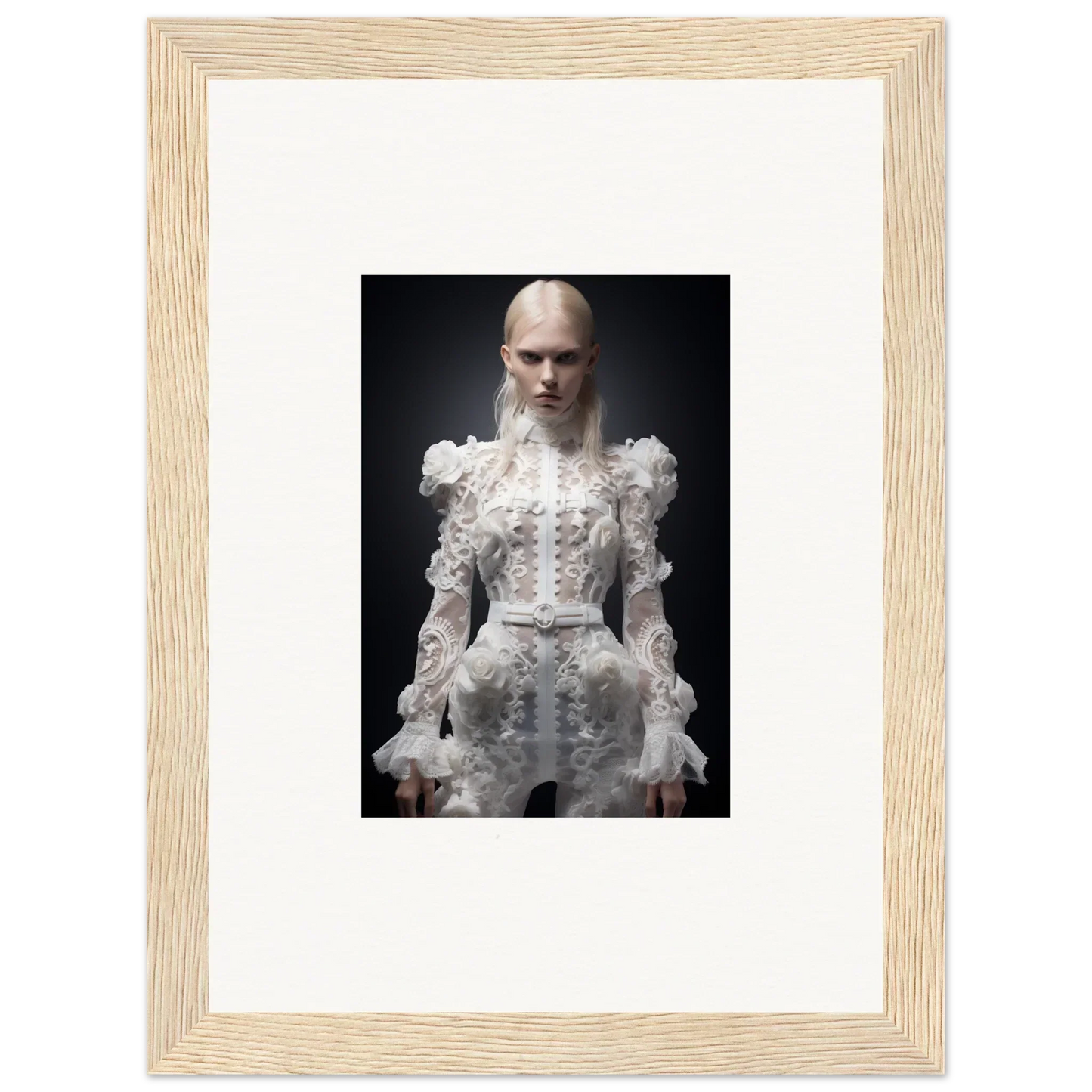 Framed photograph of a person wearing an elaborate white Victorian-style dress with ruffles and lace details.