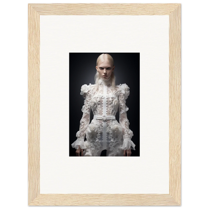 Framed photograph of a person wearing an elaborate white Victorian-style dress with ruffles and lace details.