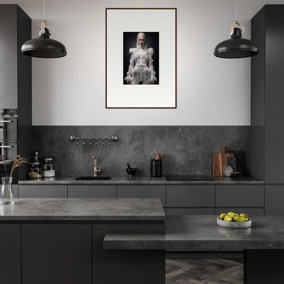 Modern, sleek kitchen with dark cabinetry and a framed portrait on the wall.