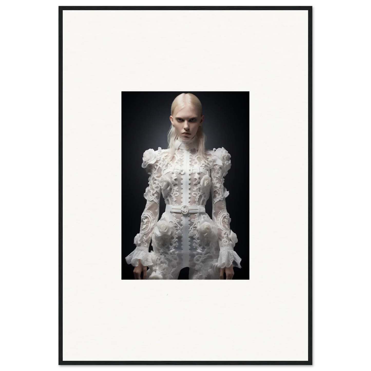 Framed portrait photograph of a person wearing an ornate white Victorian-style dress with ruffles and lace details.