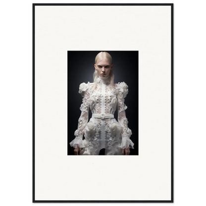 Framed portrait photograph of a person wearing an ornate white Victorian-style dress with ruffles and lace details.