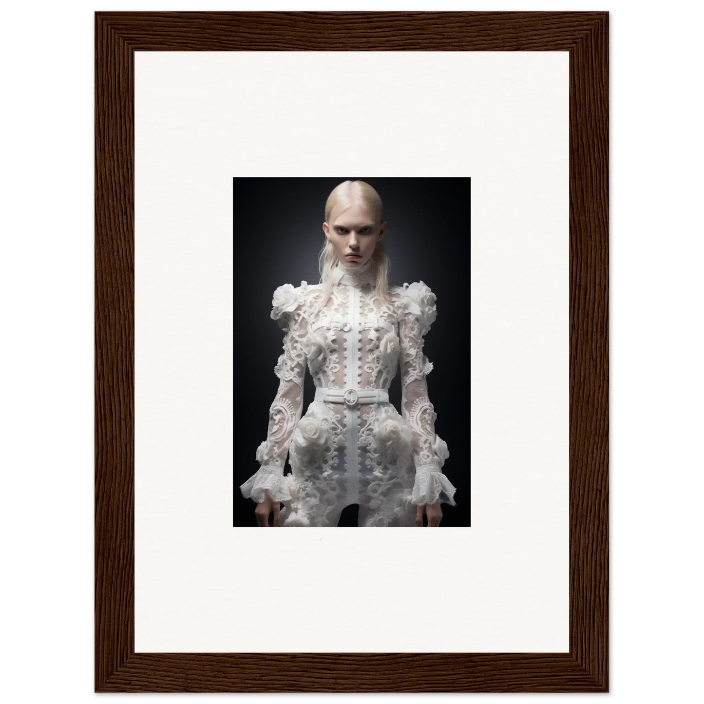 Framed photograph of a person wearing an ornate white Victorian-style dress with ruffles and lace details.