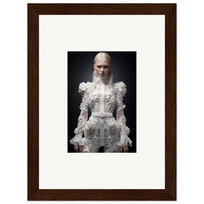 Framed photograph of a person wearing an ornate white Victorian-style dress with ruffles and lace details.