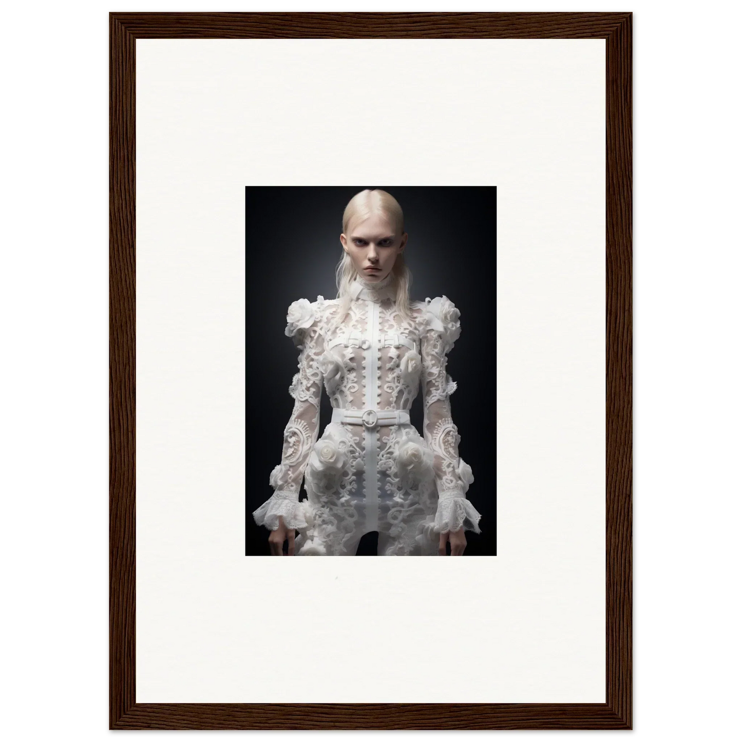 Framed portrait photograph of a person wearing an elaborate white Victorian-style dress with ruffles and lace details.