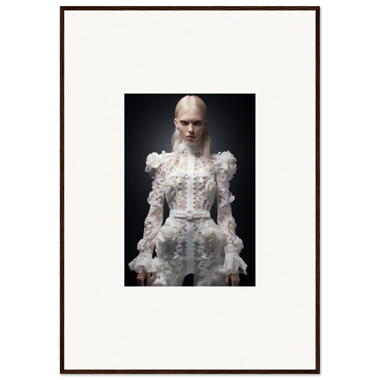 Framed portrait photograph of a person wearing an elaborate white Victorian-style dress with ruffles and a high collar.