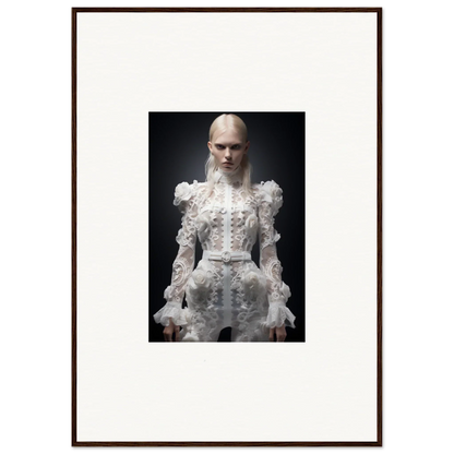 Framed portrait photograph of a person wearing an elaborate white Victorian-style dress with ruffles and a high collar.