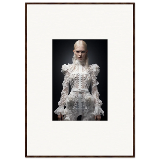 Framed portrait photograph of a person wearing an elaborate white Victorian-style dress with ruffles and a high collar.