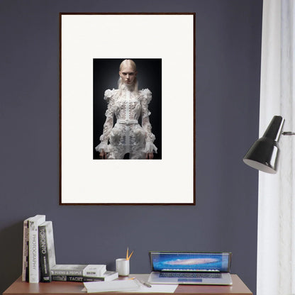 Framed black and white photograph of a person wearing an ornate white dress with puffy sleeves.