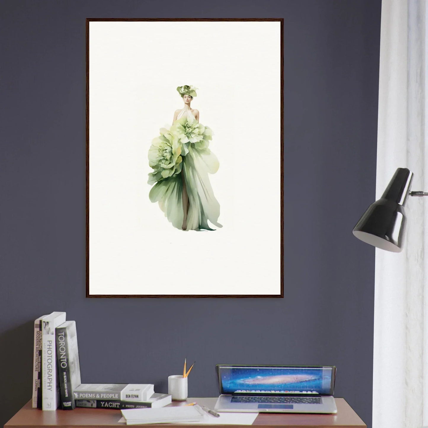 Elegant watercolor figure in green dress for Emergence Dreamspin canvas print room decoration