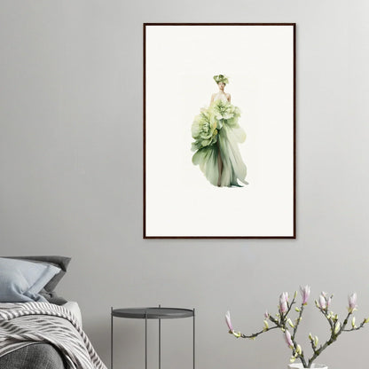 Elegant watercolor of a woman in a green dress perfect for Emergence Dreamspin room decoration