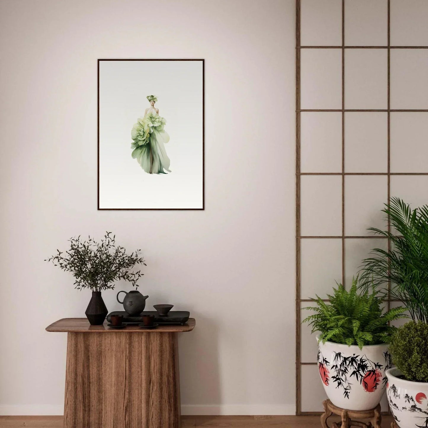 Framed canvas print of a figure in a flowing green dress for stylish room decoration