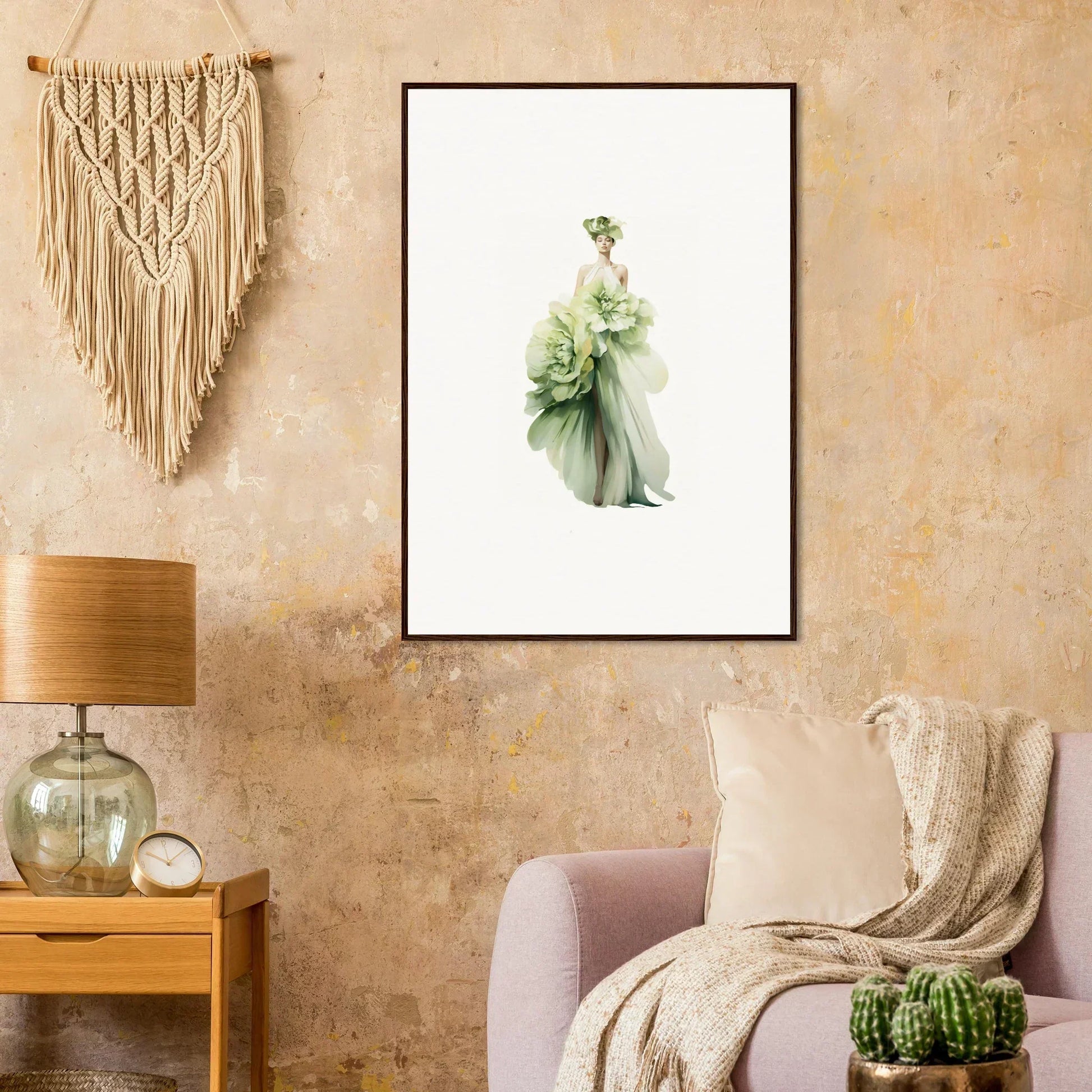 Framed watercolor of a figure in a green dress, perfect for Emergence Dreamspin room decoration