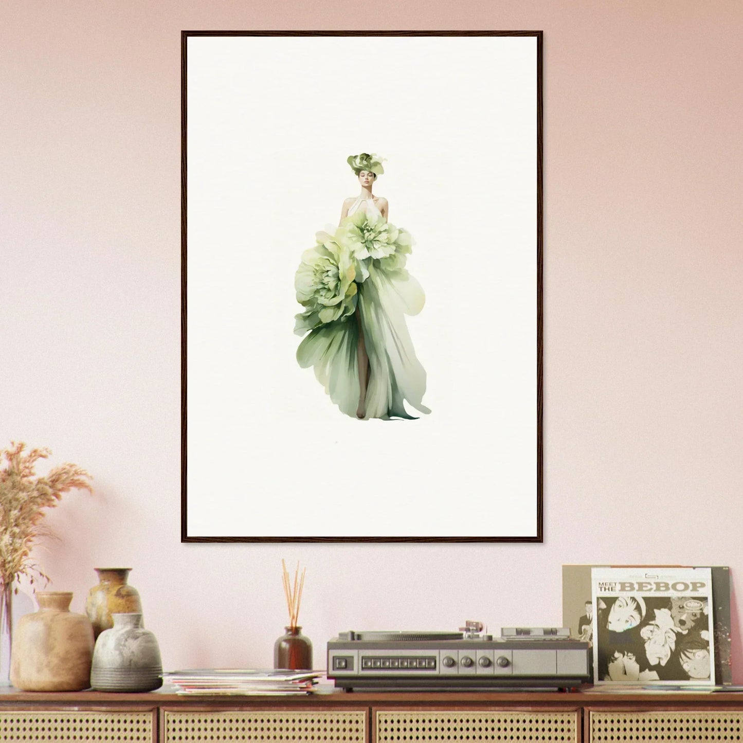 Framed canvas print of a figure in a green floral gown for room decoration