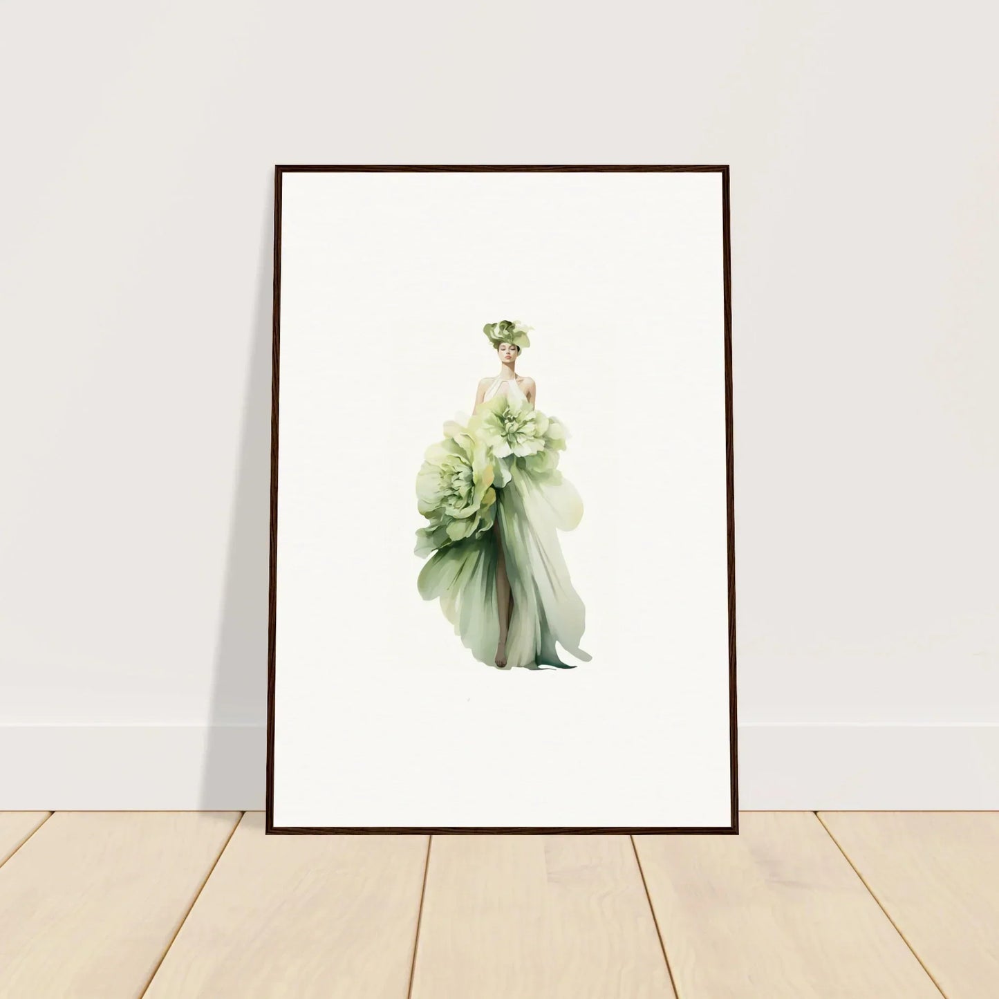 Framed canvas print of a figure in a green dress, perfect for room decoration