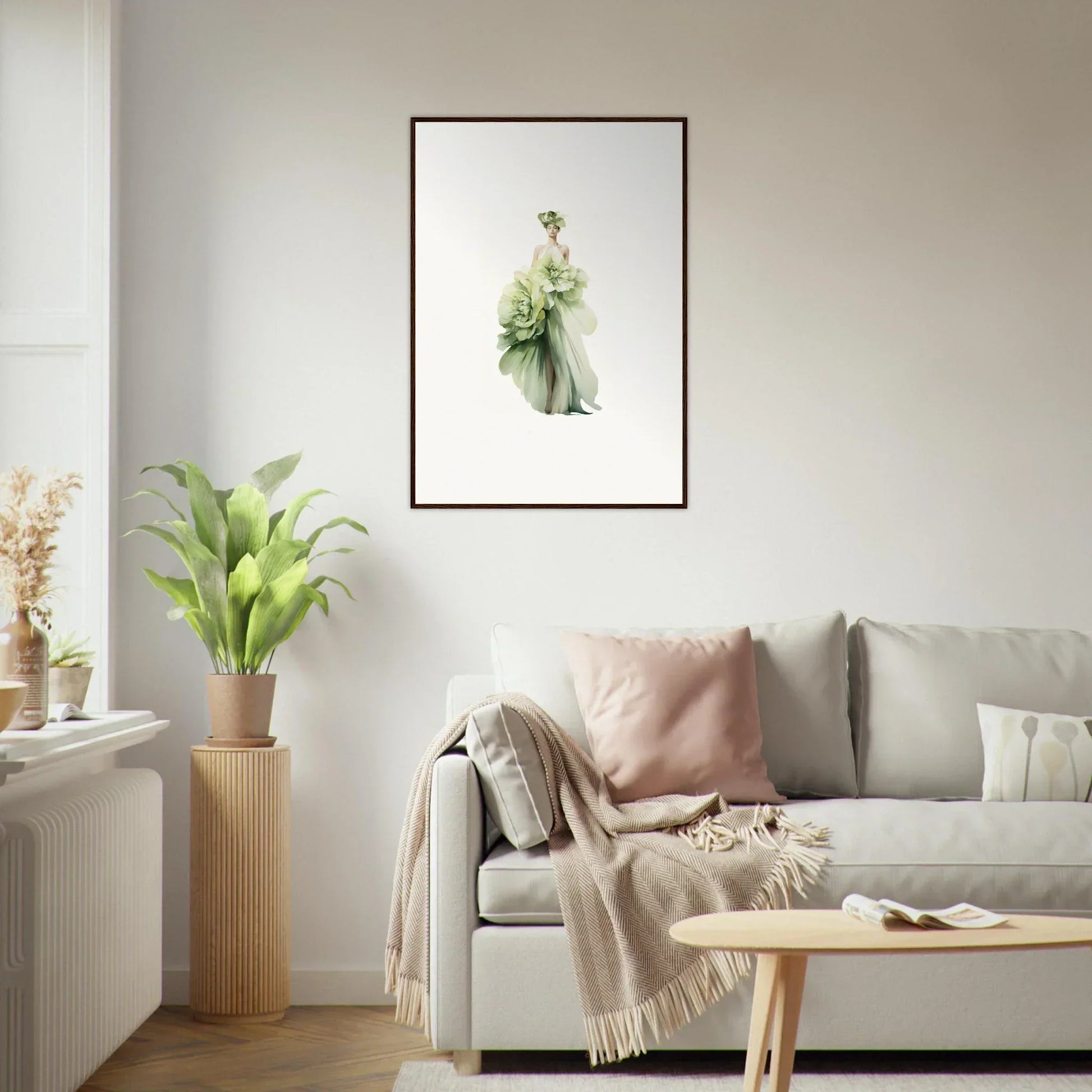 Framed canvas print of a figure in a pale green dress for room decoration