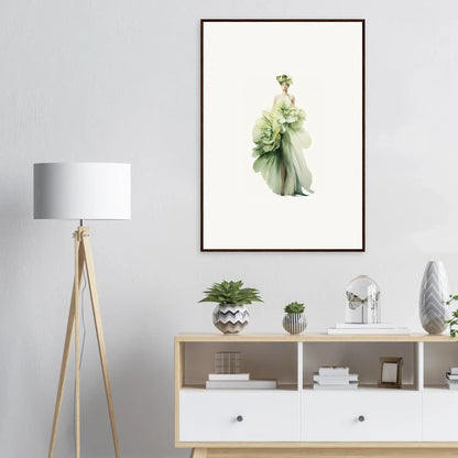 Framed watercolor illustration of a figure in a green dress for Emergence Dreamspin room decoration