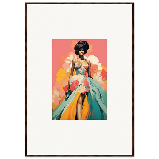 Flowing turquoise and orange gown, Petal Encounters Masquerade framed wall art