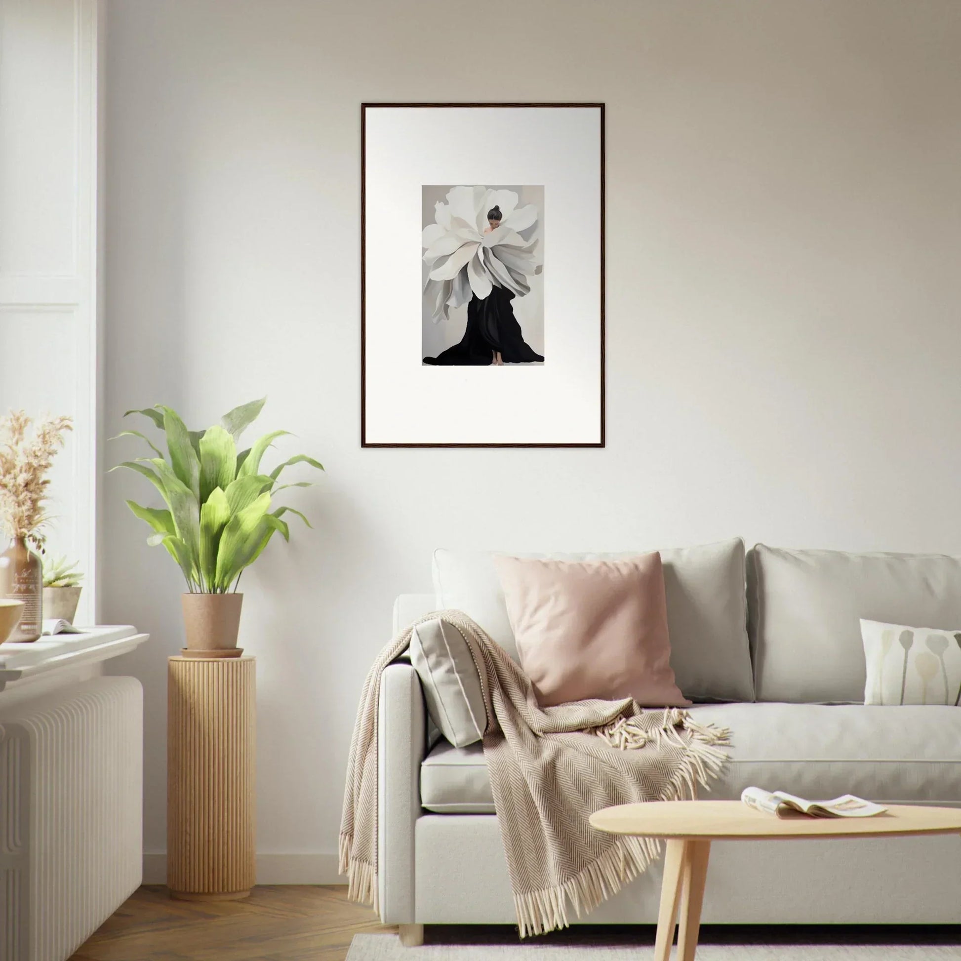 Framed black and white flower photograph for stylish room decor in Petal Epoch Ascends