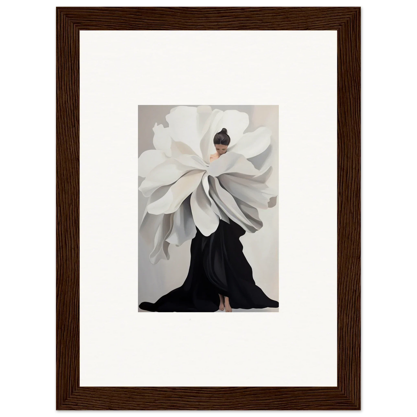 Framed wall art of a figure in oversized flower garment for elegant room decor