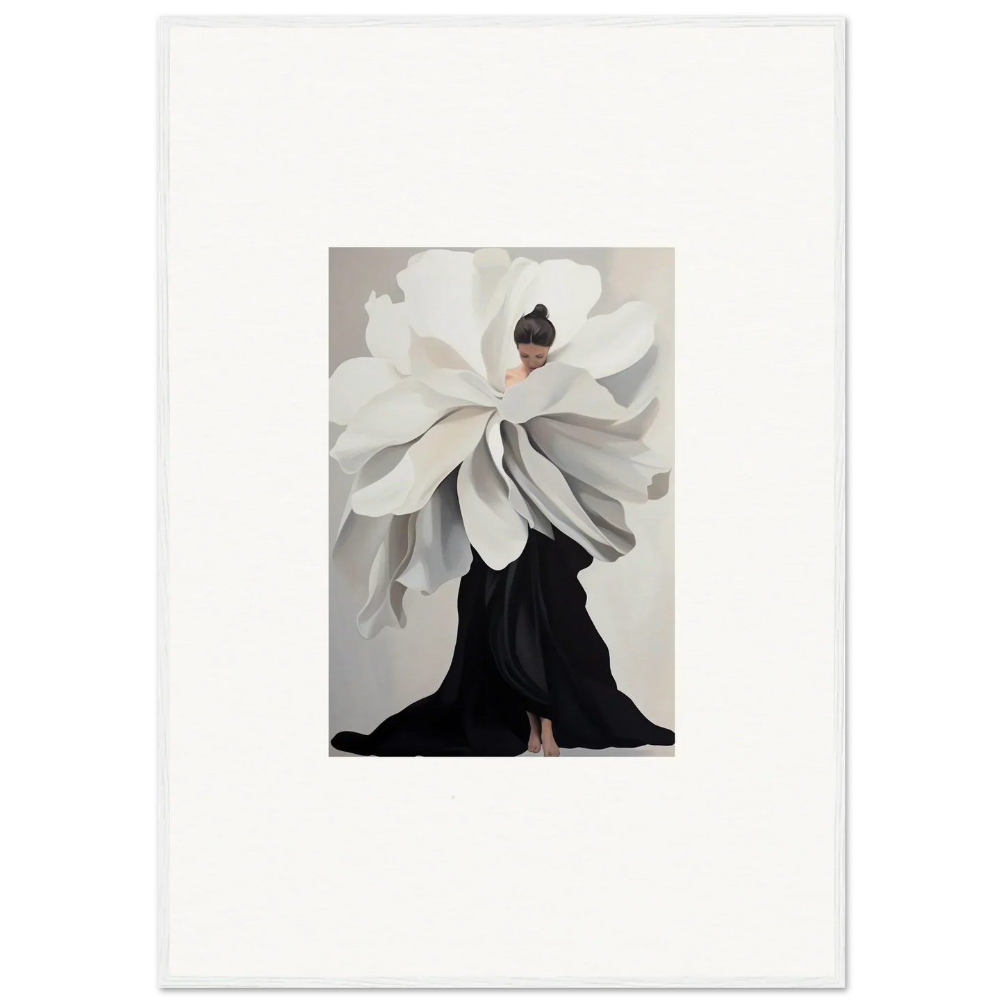 Surreal figure in black gown with giant white flower for Petal Epoch Ascends wall art