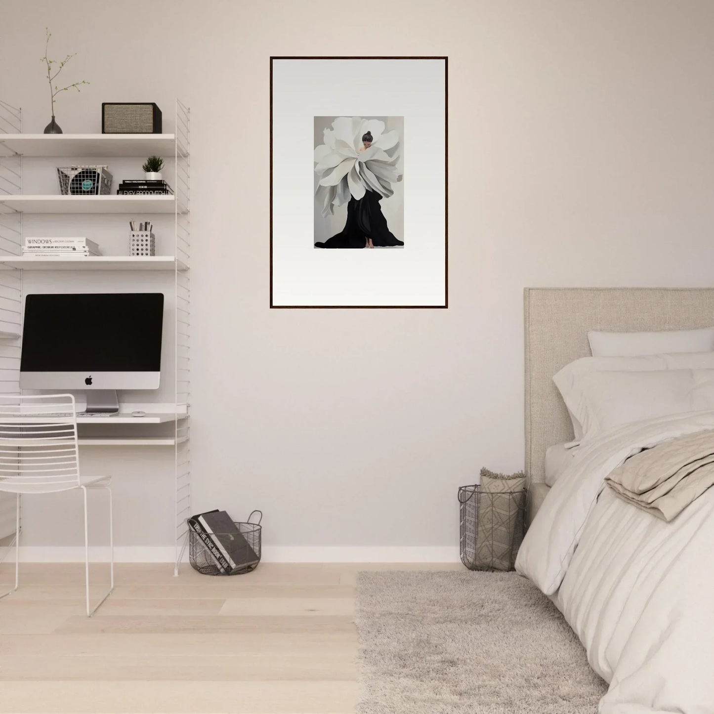 Minimalist bedroom with white walls, floating shelves, and framed wall art from Epoch Ascends