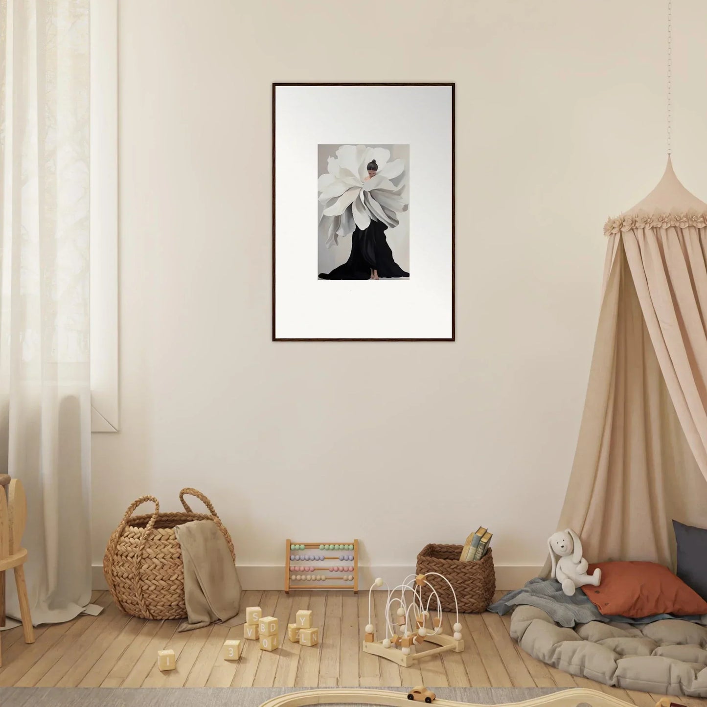 Framed black and white wall art of a figure in a white garment for room decor