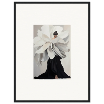 Artistic representation of a person in an oversized white flower dress, perfect for framed wall art