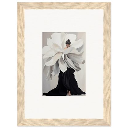 Framed wall art of a figure in oversized flower garment for stylish room decor