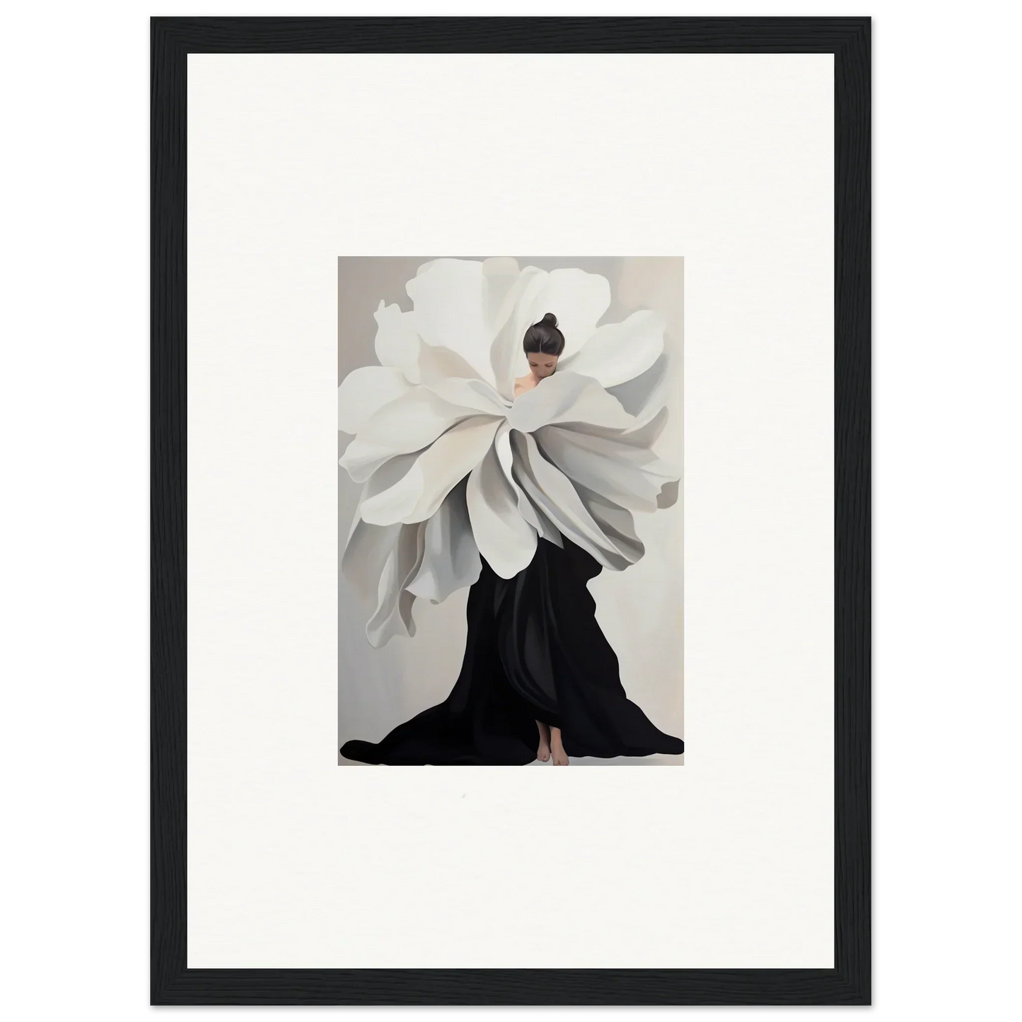 Artistic representation of a dress made of oversized white flower in Petal Epoch Ascends room decor