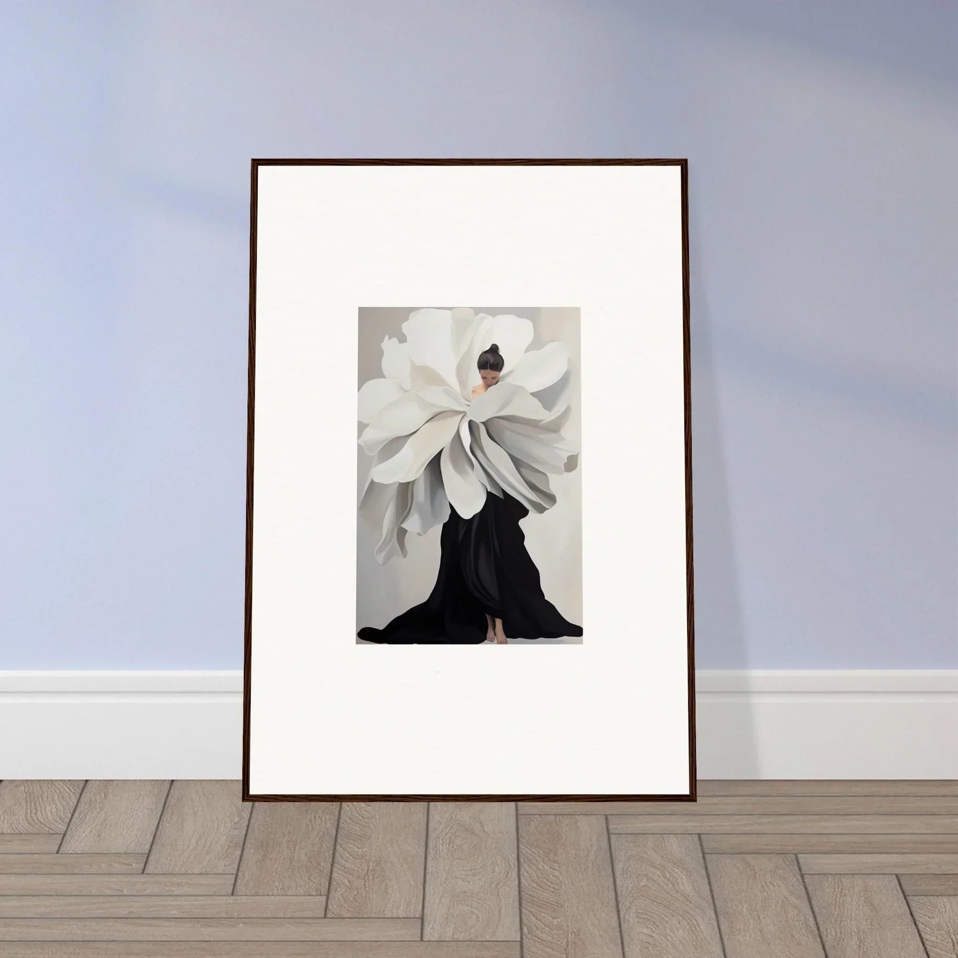 Framed wall art of figure in oversized flower garment for unique room decor, Petal Epoch Ascends