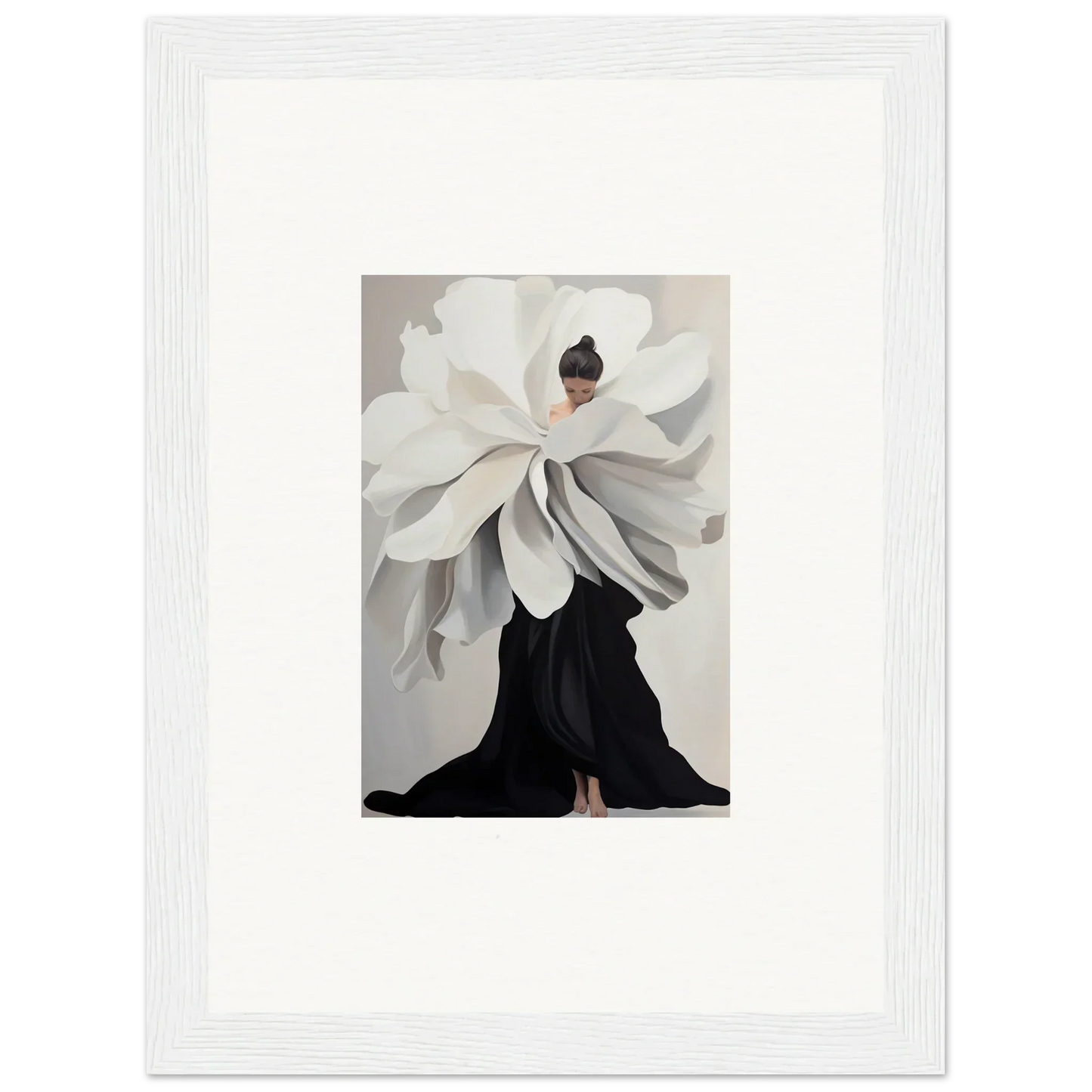 Artistic photograph of a person in oversized flower garment for Petal Epoch Ascends wall art