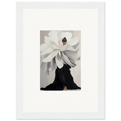 Artistic photograph of a person in oversized flower garment for Petal Epoch Ascends wall art