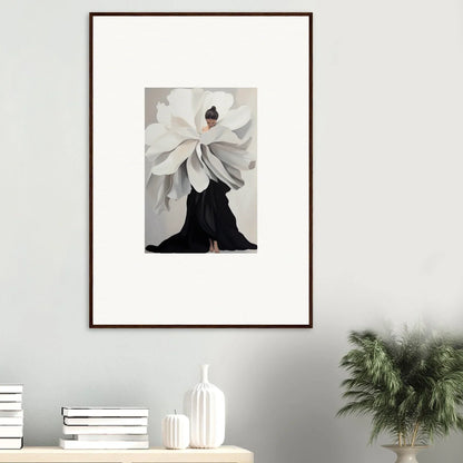 Framed wall art of a figure in black dress with flower headdress for elegant room decor