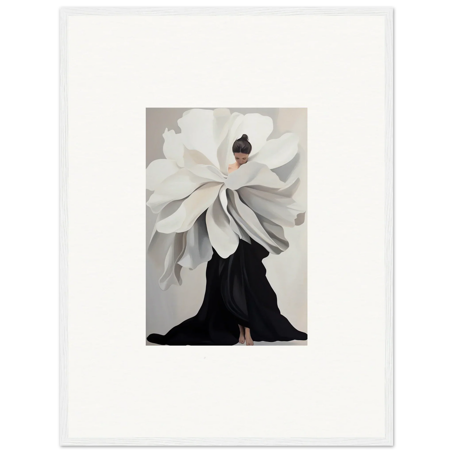 Surrealist artwork of a figure with a giant flower for upper body, ideal for room decor