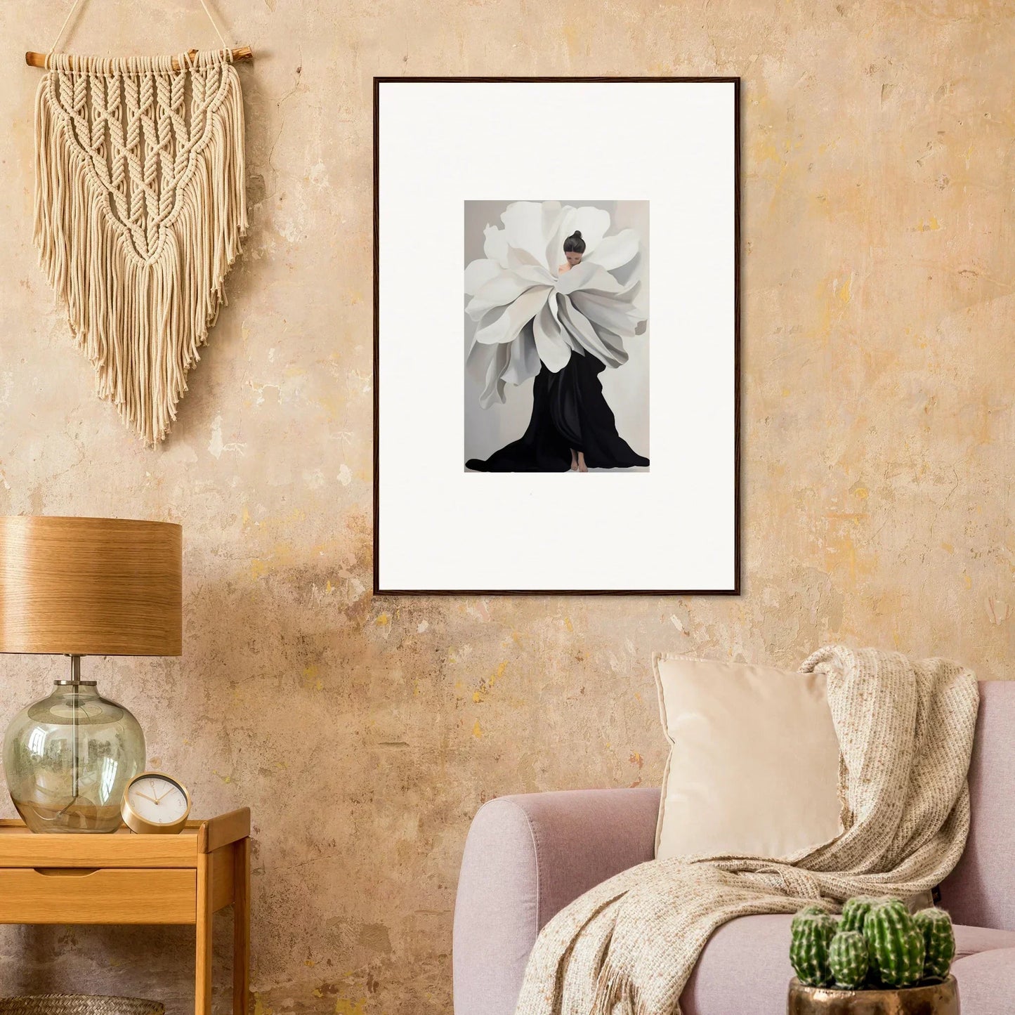 Framed black and white photograph of a white flower for unique room decor