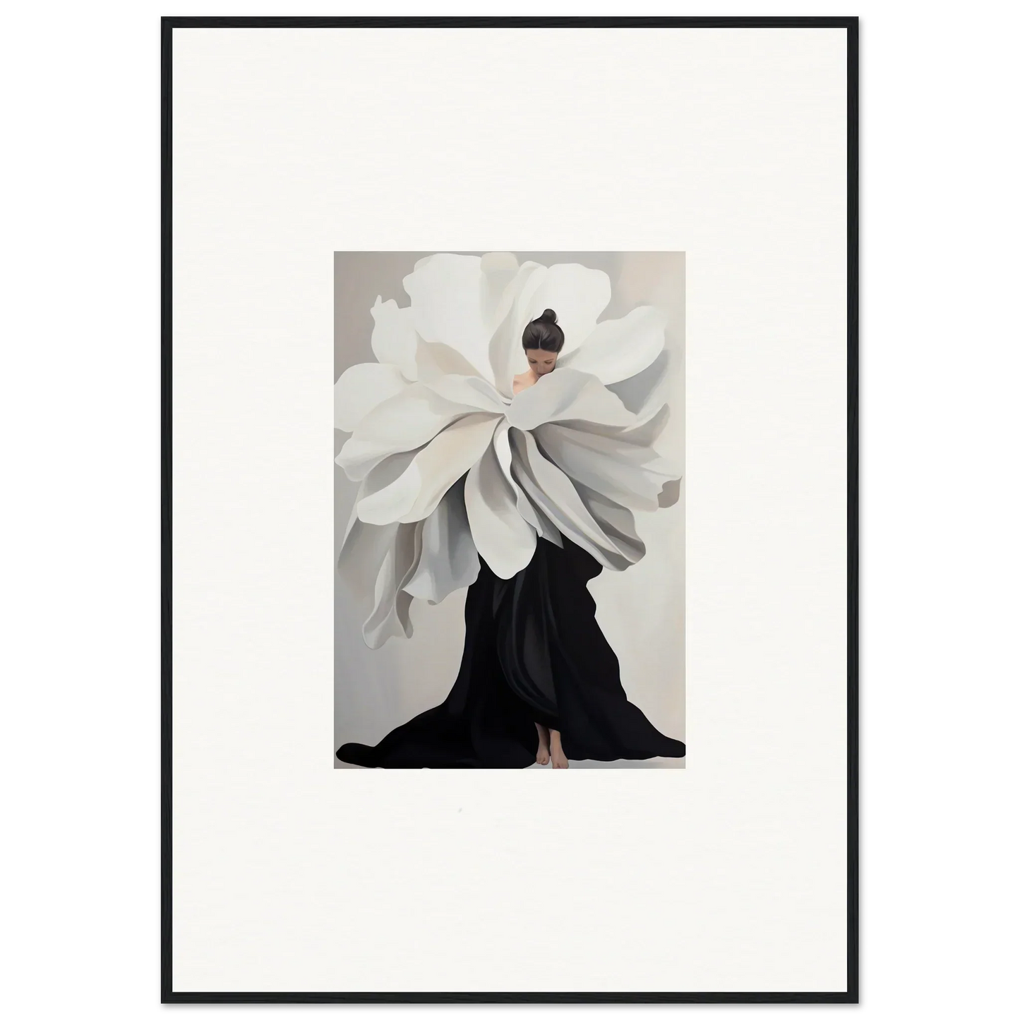 Artistic representation of a person in oversized white flower dress for Petal Epoch Ascends