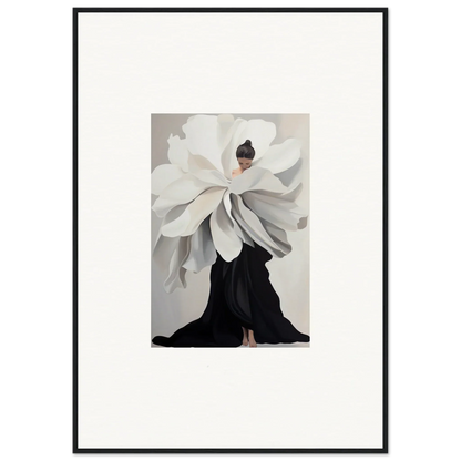 Artistic representation of a person in oversized white flower dress for Petal Epoch Ascends