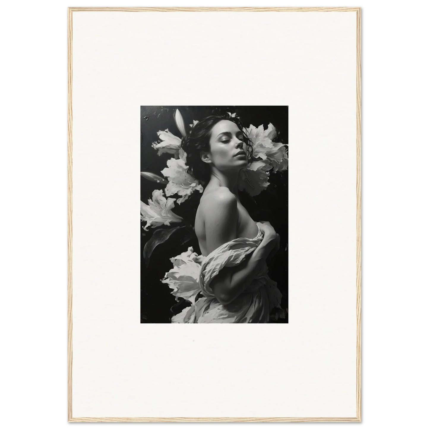 Black and white canvas print of a woman with flowers, ideal for room decoration and Essence Paragon