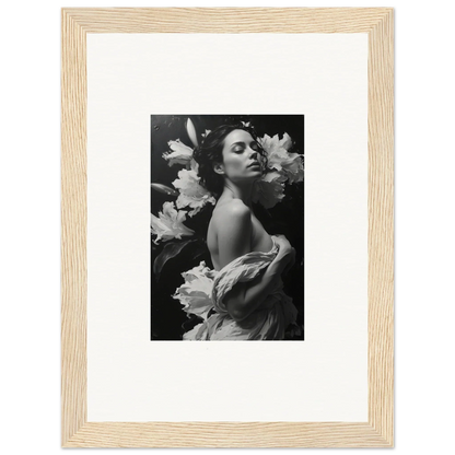 Framed black and white photograph of a woman with flowers, perfect for Room Decoration