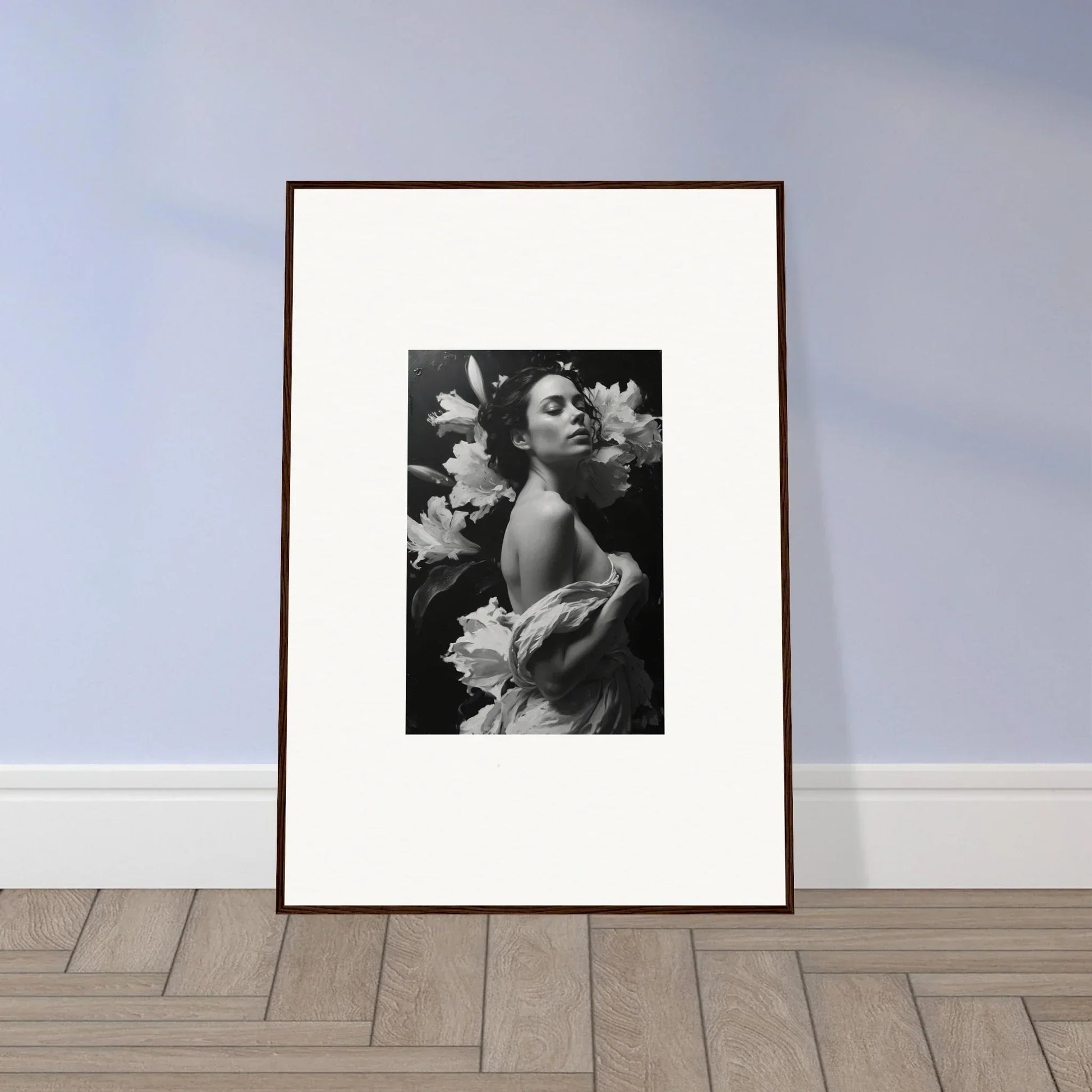 Framed black and white photo of a woman with flowers, perfect for essence paragon room decoration