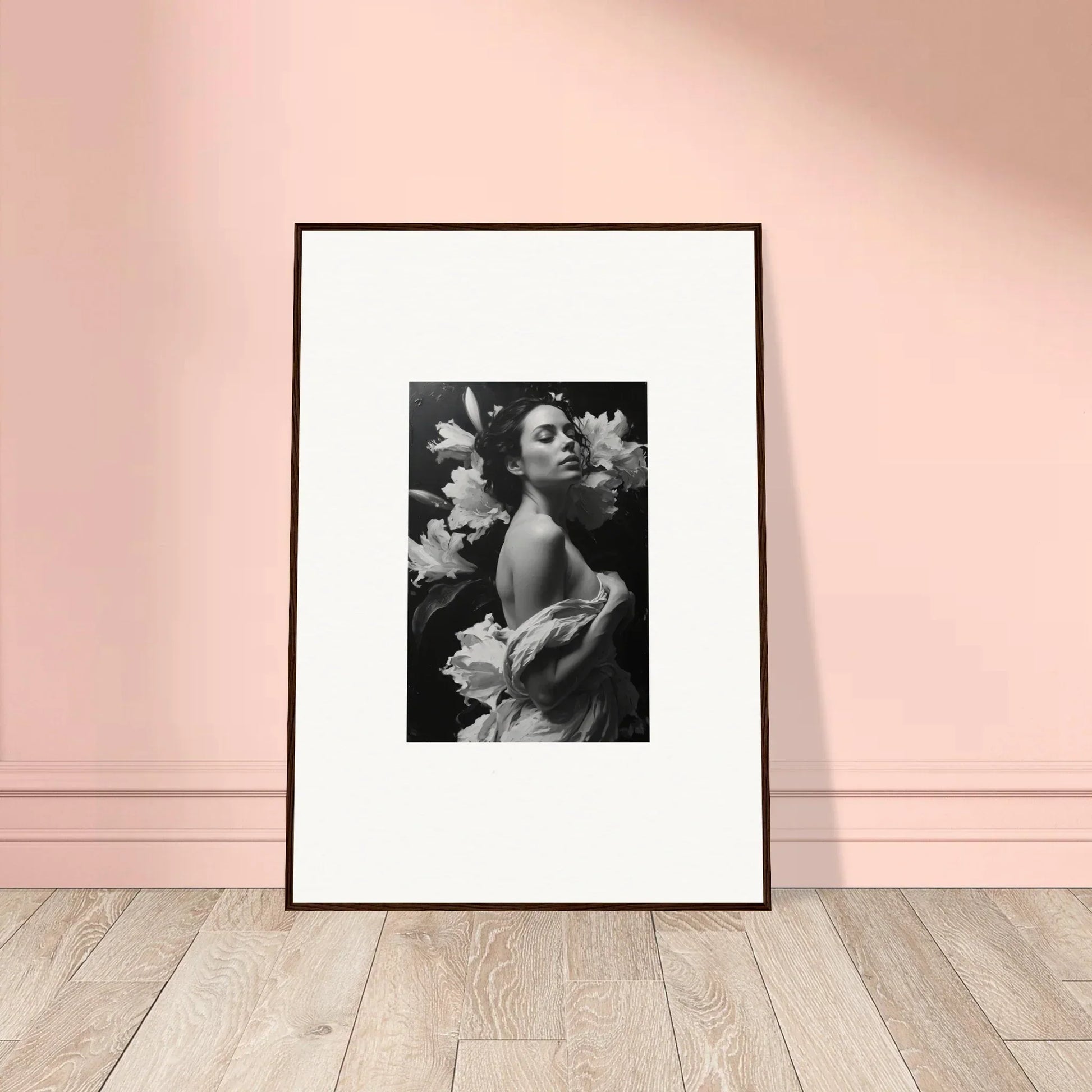 Framed black and white photo of a woman with flowers for stylish room decoration