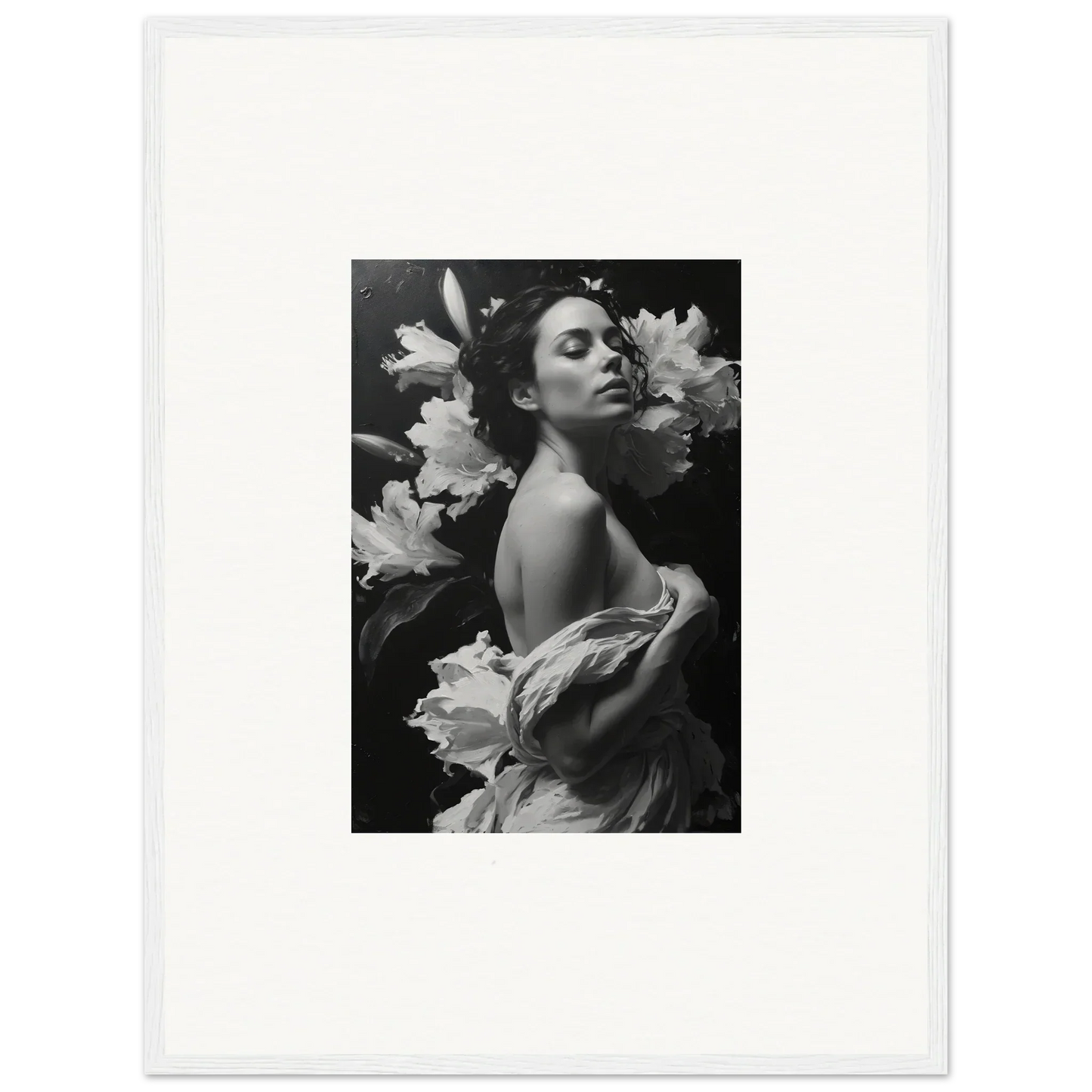 Black and white photo of a woman with flowers for a stylish essence paragon canvas print